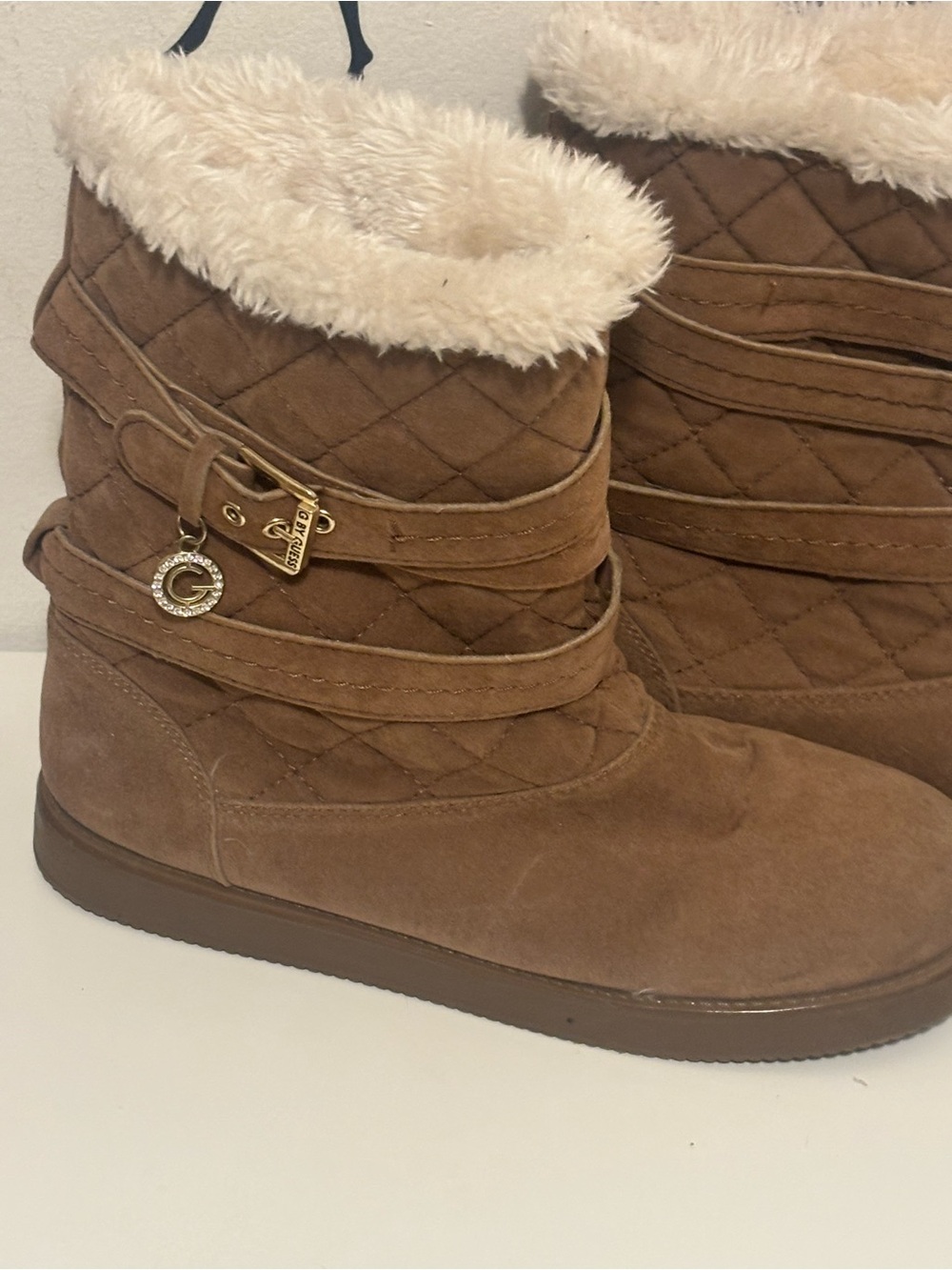 GUESS Quilted Faux-Suede Moccasin Boots with Faux-Fur Cuff - Brown
